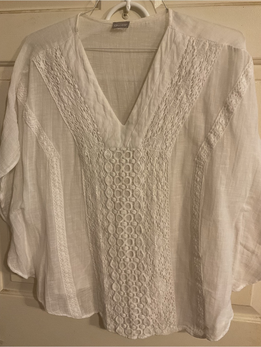 CHICO'S Sz.1 White LINEN V-Neck Lace Panel Cotton Tunic Peasant Top